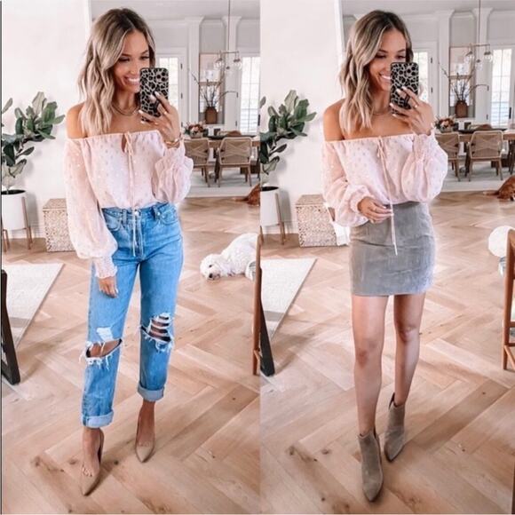 Nordstrom WAYF Pink Off-the-shoulder pink gold bow puff sleeve chiffon top Large - Picture 1 of 15